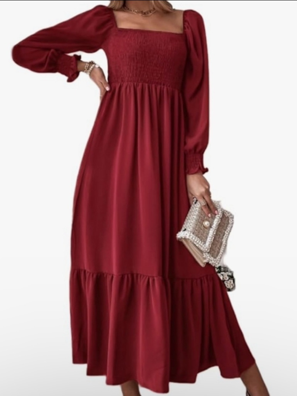 NEW Elegant Burgundy Maxi Dress with Smocked Bodice